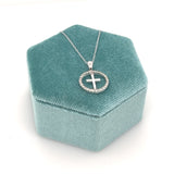 14K White Gold Diamond Circle with Cross Pendant