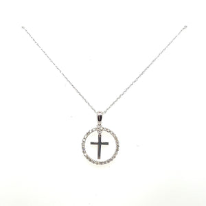 14K White Gold Diamond Circle with Cross Pendant