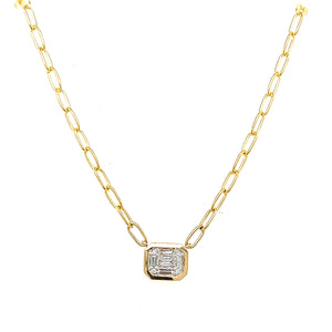 14K Yellow Gold Diamond Cluster Necklace with Paperclip Chain