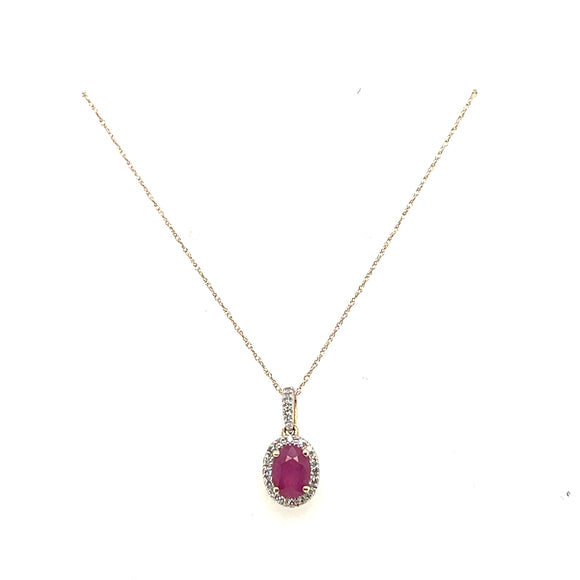 14K Yellow Gold Ruby and Diamond Halo Necklace