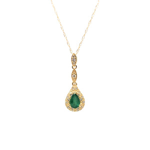 14K Yellow Gold Pear Shaped Emerald and Diamond Drop Necklace