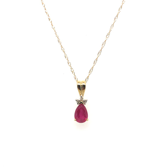 10K Yellow Gold Pear Shaped Ruby and Diamond Drop Necklace