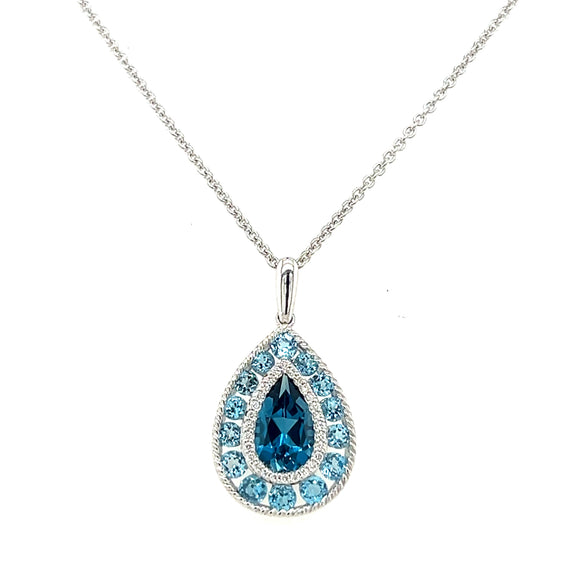 14K White Gold Pear Shaped 2.55 CT London Blue Topaz with Blue Topaz Halo Necklace
